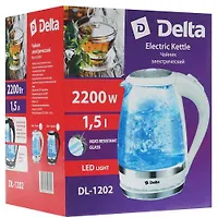 Чайник DELTA DL-1202, корпус из жаропр. стекла, черный, 2200Вт, 1,5л