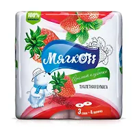 Туалетная бумага "Мягкоff", 17,28 м. Аромат клубники, 3 слоя, 4 рулона.