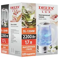 Чайник DELTA LUX DL-1204W, корпус из жаропр. стекла, белый, 2200Вт, 1,7л