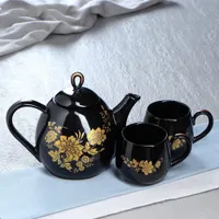 Чайный сервиз "Петелька" чёрный, золотая ветка, чайник 0,8 л, чашка 0,22 л арт.4869032 г.Екатеринбур