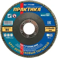 Круг лепестковый шлифовальный ПРАКТИКА 115 х 22 мм Р 80 (1шт.) , серия Мастер
