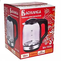 Чайник ВАСИЛИСА ВА-1036, корпус из жаропр. стекла, черный, 1500 Вт., 1,8л