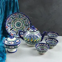 Набор чайный Риштан, 6 предметов: чайник 1л., 3 пиалы 9,5см, конфетница 23см, сахарница 250м   47804