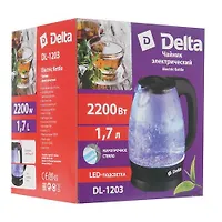Чайник DELTA DL-1203, корпус из жаропр. стекла, черный, 2200Вт, 1,7л