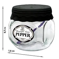 Банка д/хран. стекл. 350 мл ТО82 с силиконовой черной кр.+ложка "Beautiful home PEPPER (черно-белая)