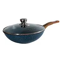 Сковорода ВОК 28см с несъемн. ручкой и стеклянной крышкой АП "Premium" (blue) арт. С78903