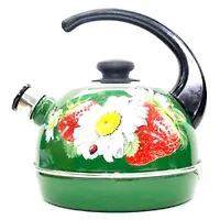 Чайник 2,5л. (конс. ручка) - зелёный / клубника с ромашкой (декор - нерж. сталь) T04/25/07/05