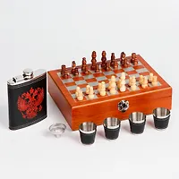 Набор 7 в 1: фляжка 8 oz, с гербом, 4 рюмки, воронка, шахматы, 18 х 24 см арт.3470683 г.Екатеринбург