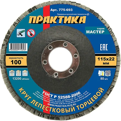 Krug lepestkovyj shlifovalnyj PRAKTIKA 115 h 22 mm R 100 (1sht.) , seriya Master_1