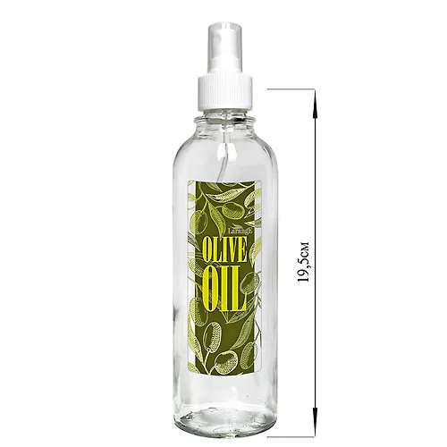 Butylka tsilindr s knopochnym dozatorom dlya masla/sousov, Olive oil zelenaya na zelenom fone, 330 ml, s_1