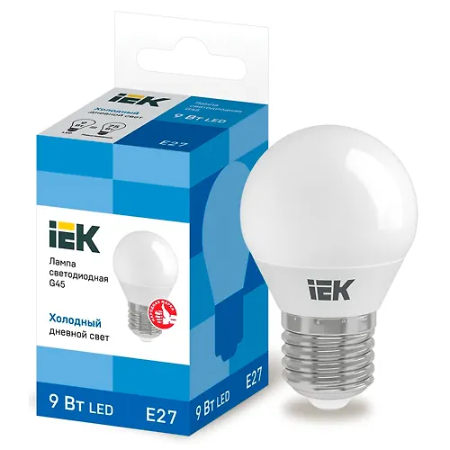 Lampa svetodiodnaya G45 shar 9Vt 230V 6500K E27 IEK art.LLE-G45-9-230-65-E27_1