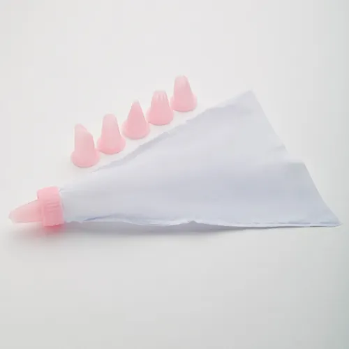 BE-0352 Konditerskij meshok, 6 nasadok , tsvet: belyj s temno-rozovym 23smx13sm D=2x2.5cm (150)_1