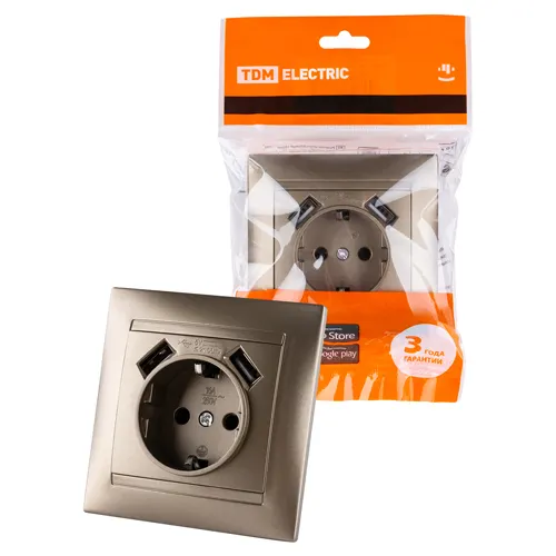 Rozetka 2P+Z 16A 250V + 2 USB porta 2,1A 5V bronza 