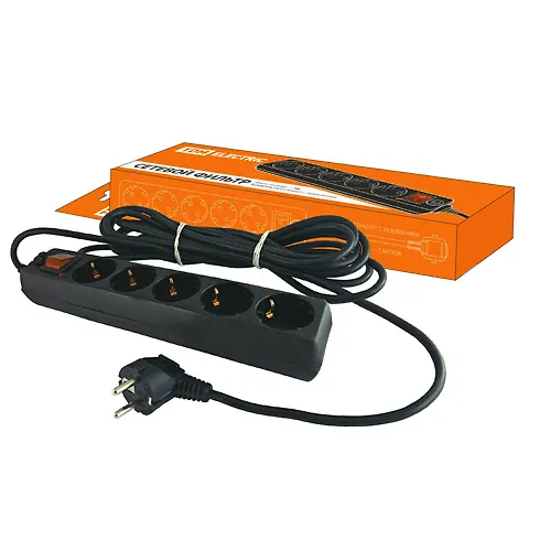 Setevoj filtr SF-05V vyklyuchatel, 5 gnezd, 5 metrov, s zazemleniem, PVS 3h1mm2 16A/250V chernyj TDM_1