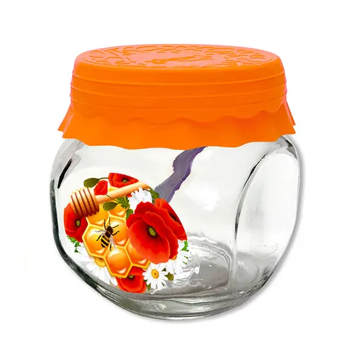 Banka dlya hraneniya steklyannaya 200 ml TO66 s kryshkoj silicopy mandarin i lozhkoj «Na sotah pchela v makah i romashkah»_1