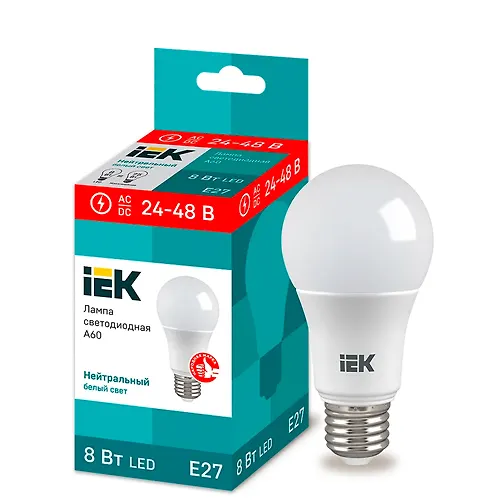 Lampa svetodiodnaya A60 shar 8Vt 24-48V 4000K E27 IEK art.LLE-A60-08-24-48-40-E27_1