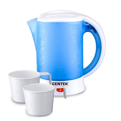 CHajnik dorozhnyj Centek CT-0054 (sinij/belyj) 600ml, 600Vt, DOROZHNYJ CHAJNIK + 2 CHASHKI + 2 LOZHKI_1