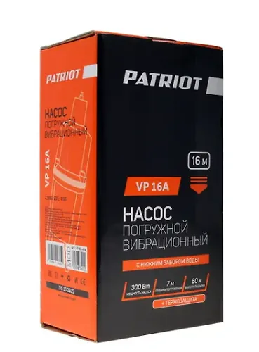 Nasos pogruzhnoj vibratsionnyj PATRIOT VP 16A, nizhnij zabor, kabel 16 m, 300 Vt. 18 l/min. H-60 m. D_3