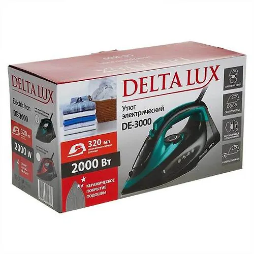 Utyug Delta LUX DE-3000 chernyj s biryuzovym, 2000 Vt, keramika, samoochistka, parovoj udar, 320 ml_4