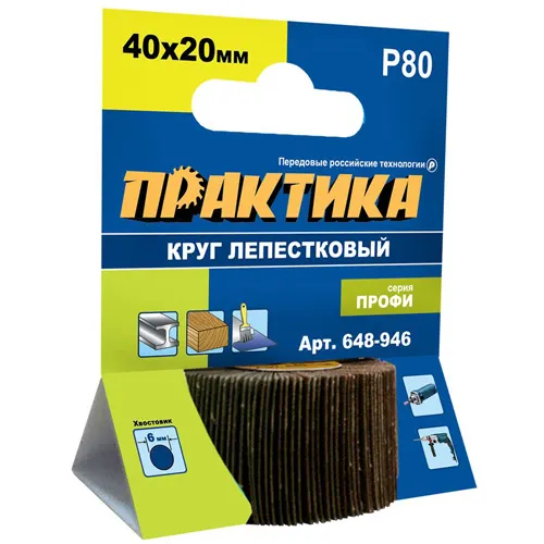 Krug lepestkovyj s opravkoj PRAKTIKA 40h20mm, P 80, hvostovik 6 mm, seriya Profi_1