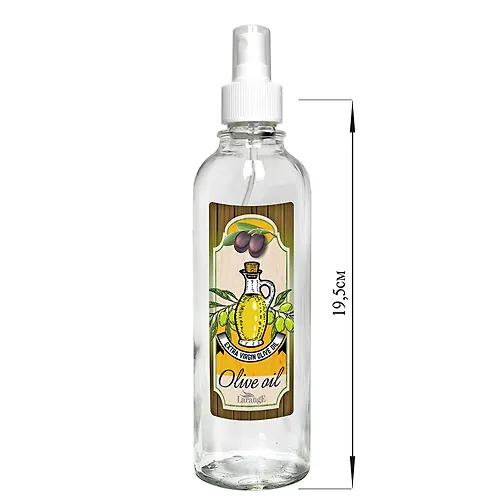 Butylka tsilindr s knopochnym dozatorom dlya masla/sousov, Olive oil na zelenom fone pod derevo, 330 ml_1