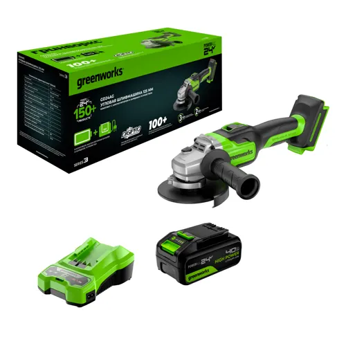 24V Uglovaya shlifovalnaya mashina akkumulyatornaya Greenworks GD24AG, besschetochnaya, 125 mm, 10500 ob/min, 1x4Ach, ZU, kor (3200207CUB)_1