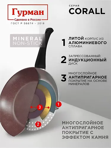Skovoroda Gurman Coral, litoj alyuminij, 24 sm, antiprigarnoe pokrytie, induktsiya, GM2401KR_4