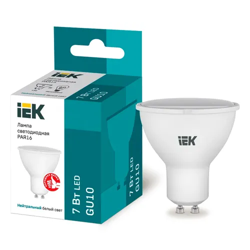 Lampa svetodiodnaya PAR16 sofit 7Vt 230V 4000K GU10 IEK art.LLE-PAR16-7-230-40-GU10_1