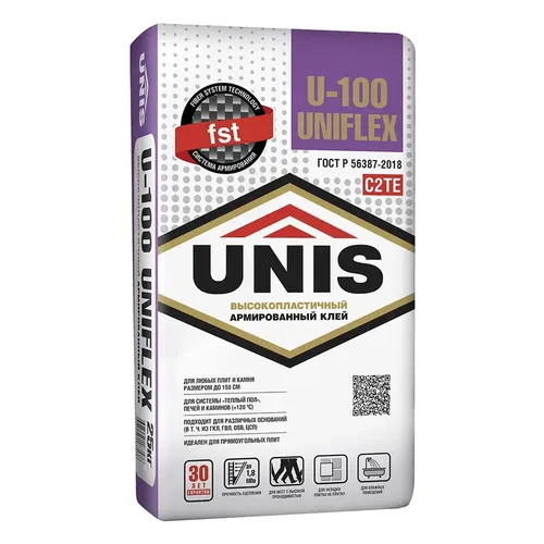 Klej plitochnyj YUnis U-100 Uniflex vysokoplastichnyj , klass C2TE (25kg) (1poddon-48sht)_1