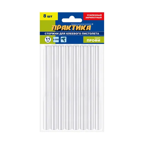 Klej dlya kleevogo pistoleta PRAKTIKA belyj, prozrachnyj, akrilatnyj, usil 11 h 200 mm, 8 sht 916-462_1
