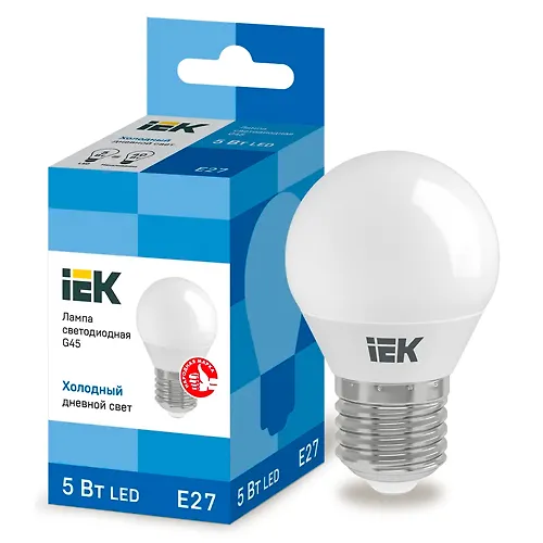 Lampa svetodiodnaya G45 shar 5Vt 230V 6500K E27 IEK art.LLE-G45-5-230-65-E27_1