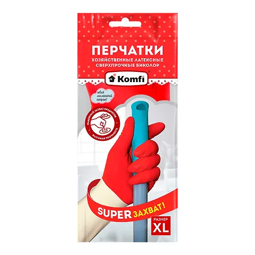 Perchatki hozyajstvennye lateksnye SVERHPROCHNYE BIKOLOR XL /belyj+krasnyj/ Komfi/144/12_1