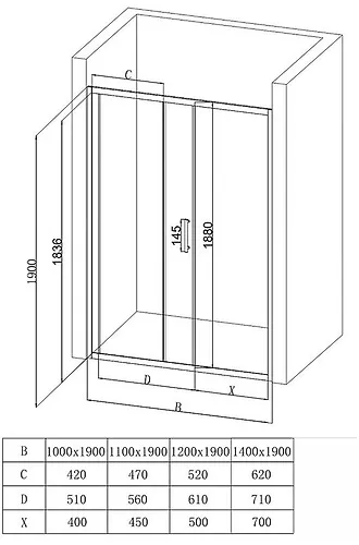 Dushevoe ograzhdenie v proem 110h190, profil hrom, prozrachnoe steklo EG1C 