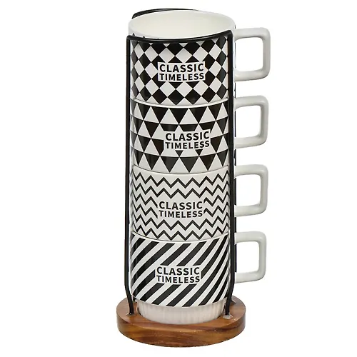Kruzhka keramika, 4 sht, 300 ml, Geometriya, Y4-7275, chernaya, metallicheskaya podstavka (444757)_1