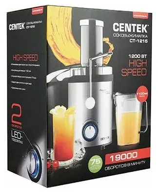 Sokovyzhimalka Centek CT-1215 (chernyj, stal) 1200Vt, 2 skor., stakan 1100ml, gorlovina 75mm_4