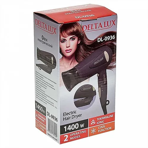 Fen DELTA LUX DL-0936, skladnaya ruchka, 1400Vt., ionizatsiya, holodnyj vozduh, korichnevyj s zolotym_4