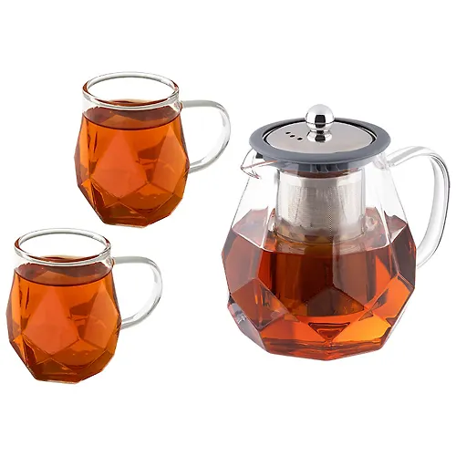 Nabor AROMA iz 3 predmetov: chajnik zavarochnyj 820 ml i 2 kruzhki po 250 ml iz borosilikatnogo stekla_1