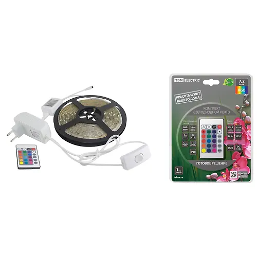 Komplekt svetodiodnoj lentySMD5050-30LED/m-12 V-7,2 Vt/m-IP20-RGB (5m), 24 Vt, IR-kontrollerTDM (SQ0_1