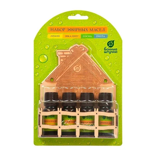 Nabor efirnyh masel Bannye shtuchki Banka (evkalipt, sosna, limon, pihta) po 10 ml s polochkoj_1