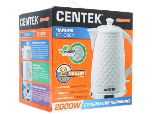 CHajnik Centek CT-0061 <White> 2.0l, 2000W, superbelaya keramika, relefnyj korpus_4