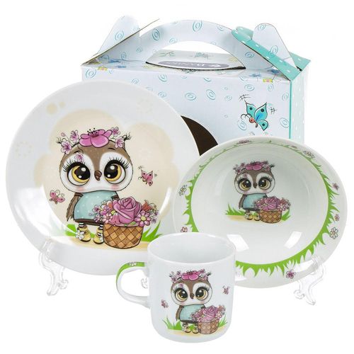 Nabor detskij 3pr TSvetochnaya sova (tarelka 17,5sm, salatnik 15sm, kruzhka 230ml)pod/up C640# DANIKS_1