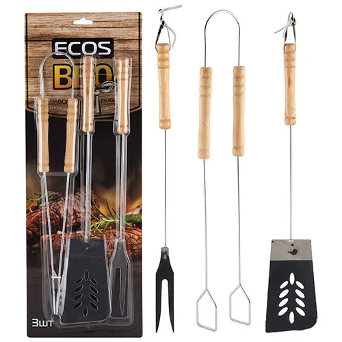 Nabor dlya barbekyu Ecos ND-1095D, schiptsy 39 sm, vilka 39 sm, lopatka 39 sm, nerzhaveyuschaya stal, derevo_1