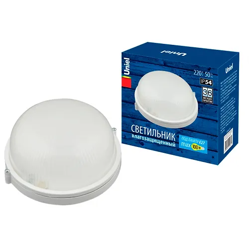 Svetilnik vlagozaschischennyj Krug. pod lampu E27. TM Uniel.UWL-R01 100W/E27 IP54 WHITE UL-00006771_1