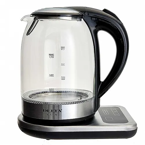 CHajnik DELTA LUX DE-1002 korpus iz zharopr.stekla, ustanovka temperatury, 2200Vt., 1,7l, chernyj_1