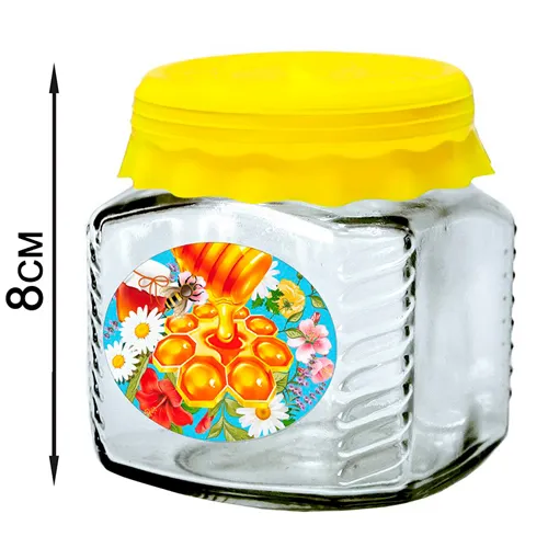 Banka d/hran. stekl.kubik 250 ml TO66 s silikonovoj zheltoj kr.+lozhka 