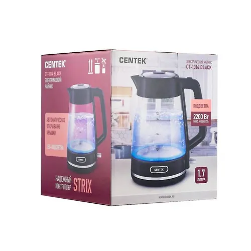 CHajnik Centek CT-1014 (chernyj) steklo 1.7l, 2200Vt, LED, Zaschita ot peregreva, STRIX kontroller_4