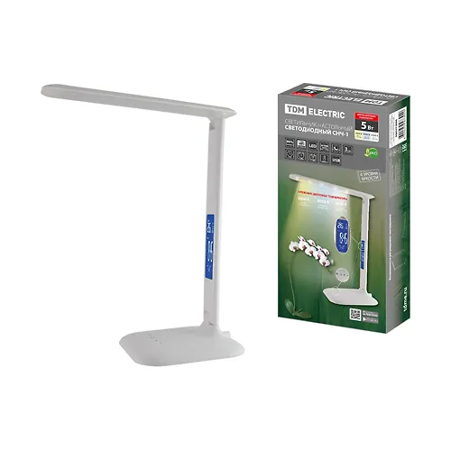 Svetilnik svetodiodnyj-chasy SNCH-1, 5 Vt, kalendar, termometr, 2800-5500 K, sensornyj dimmer, USB, belyj, Tdm_1