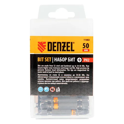 Nabor bit PH2h50, stal S2, 30 sht., shestigrannyj profil, plastikovaya korobka// Denzel art.11682_1
