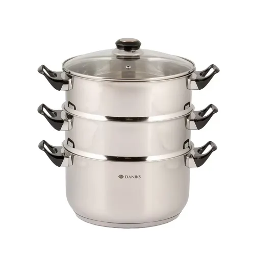Mantovarka nerzhaveyuschaya stal, 24 sm, 5.8 l, 3 sektsii, Daniks, DNN, kryshka steklo, induktsiya, bakelito_1