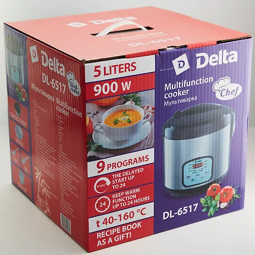 Multivarka DELTA DL-6517 chernaya, 900Vt., 5l, 9 programm, kniga retseptov, funktsiya 